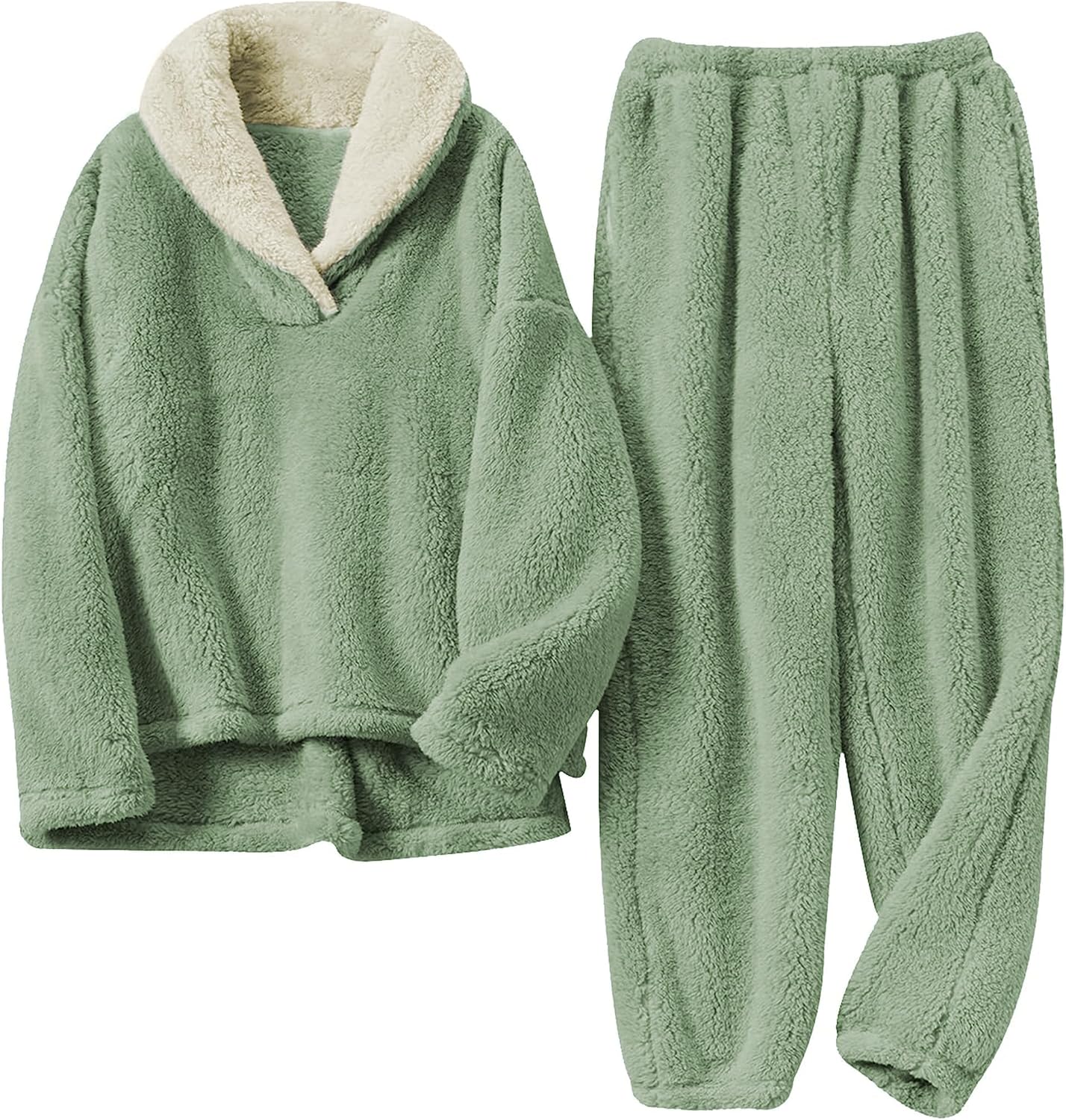 Fluffy Pajamas Set for Women - Warm Fleece Pullover Pants