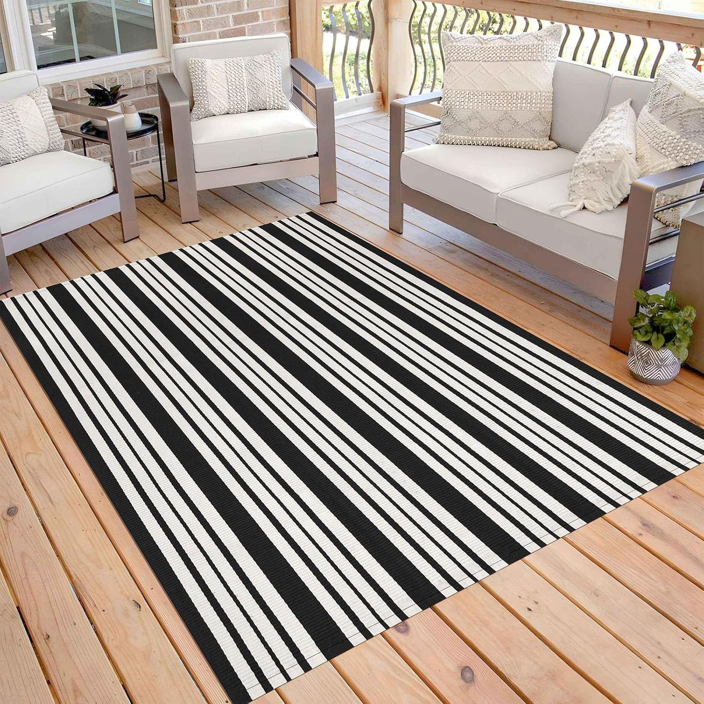 KOZYFLY Black and White Striped Outdoor Rug for Versatile Spaces