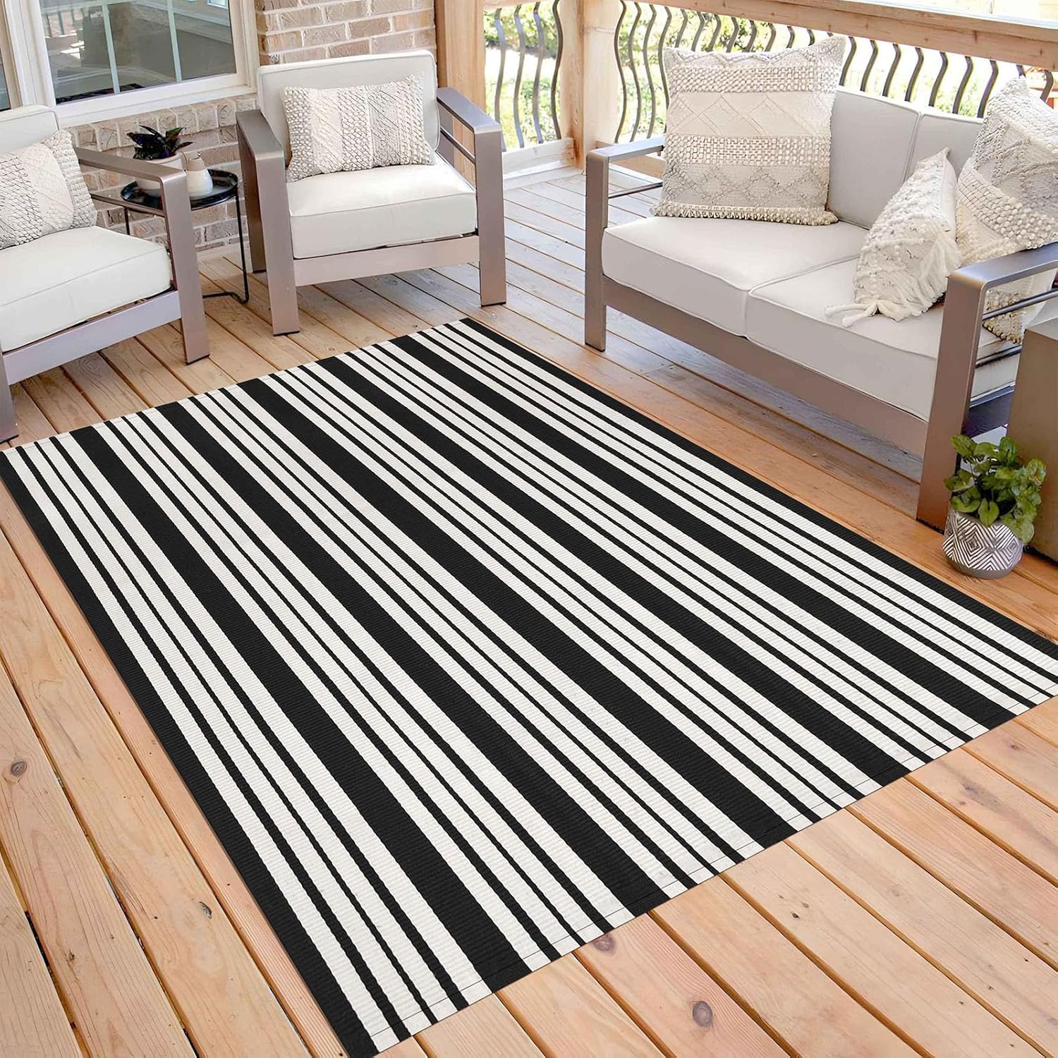KOZYFLY Black and White Striped Outdoor Rug for Versatile Spaces