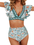 Women Ruffle High Waisted Swimsuit Two Piece Tropical Print stretchy