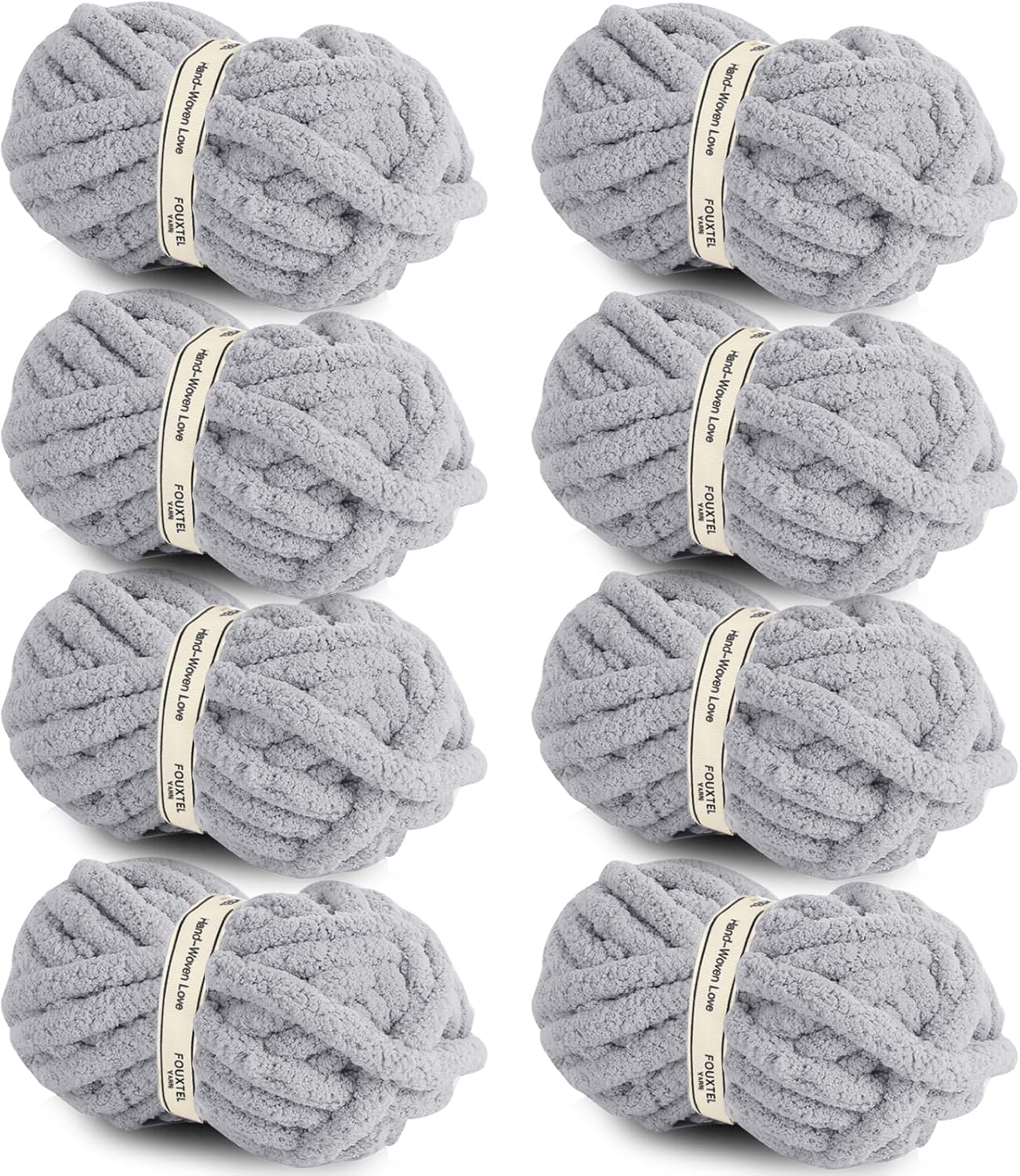 Chunky Chenille Yarn for Crocheting - 8 Jumbo Packs Light Grey