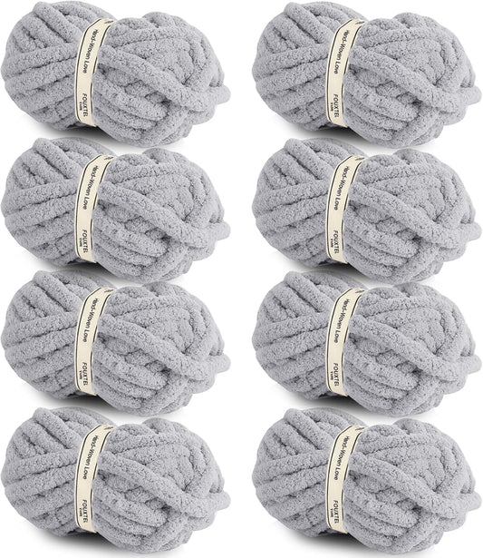 Chunky Chenille Yarn for Crocheting - 8 Jumbo Packs Light Grey