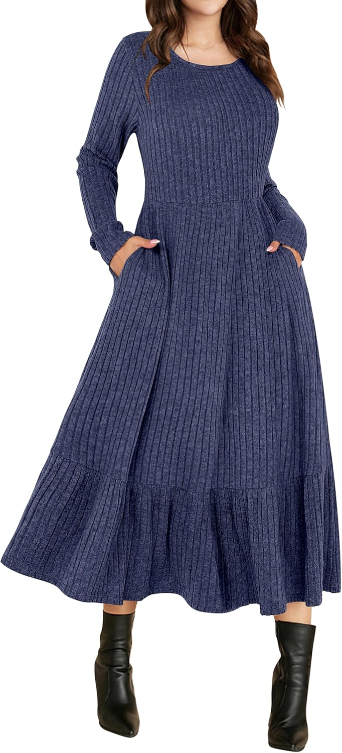 Womens Long Sleeve Midi Dress with Pocket for Casual Style