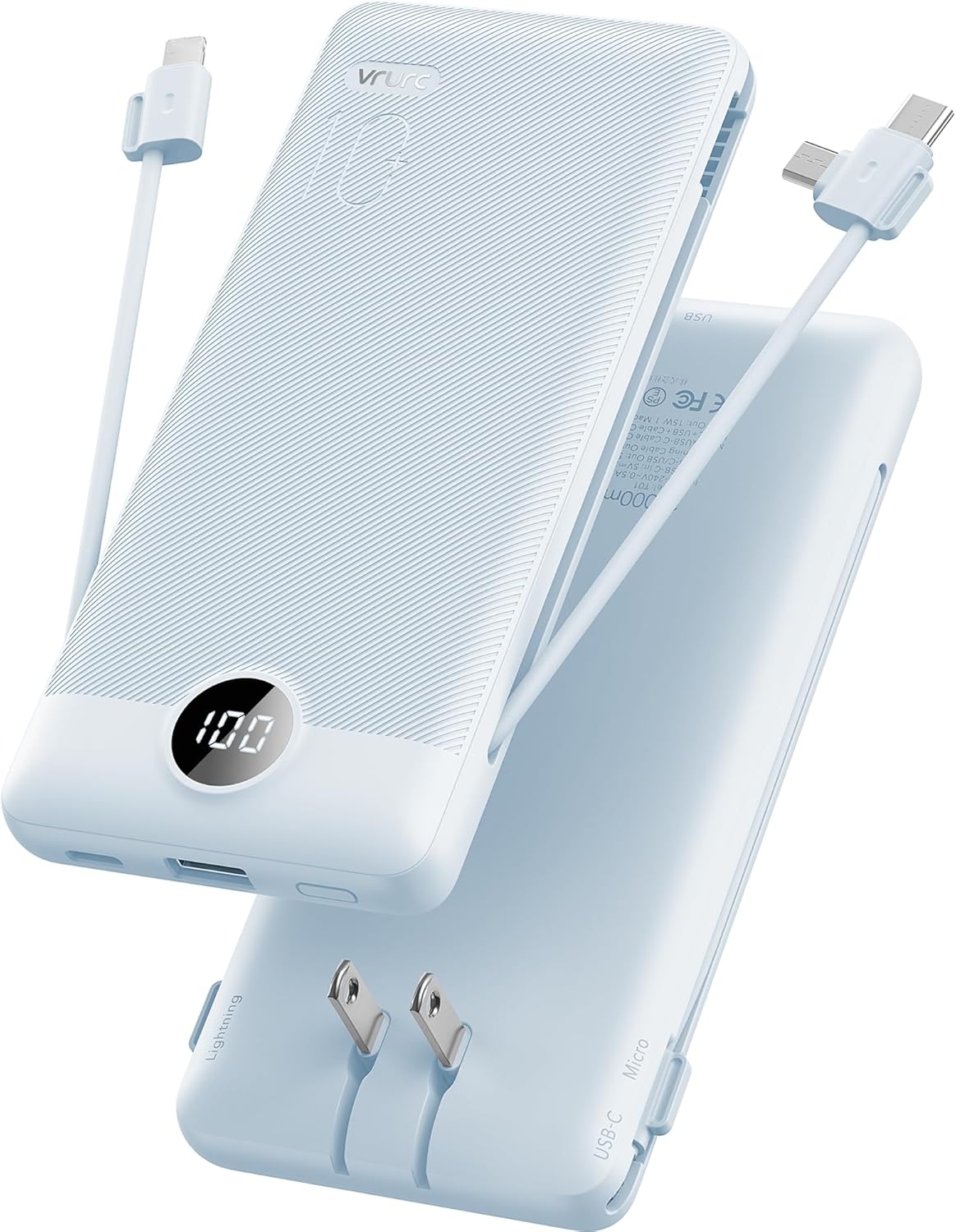 Compact 10000mAh Power Bank with Built-in Cables - Blue
