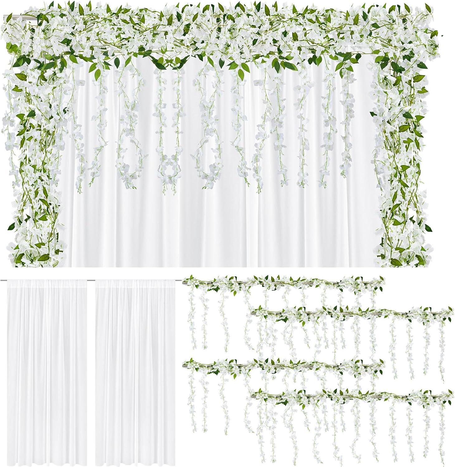 White Chiffon Wedding Backdrops with Wisteria Garland - Set of 2