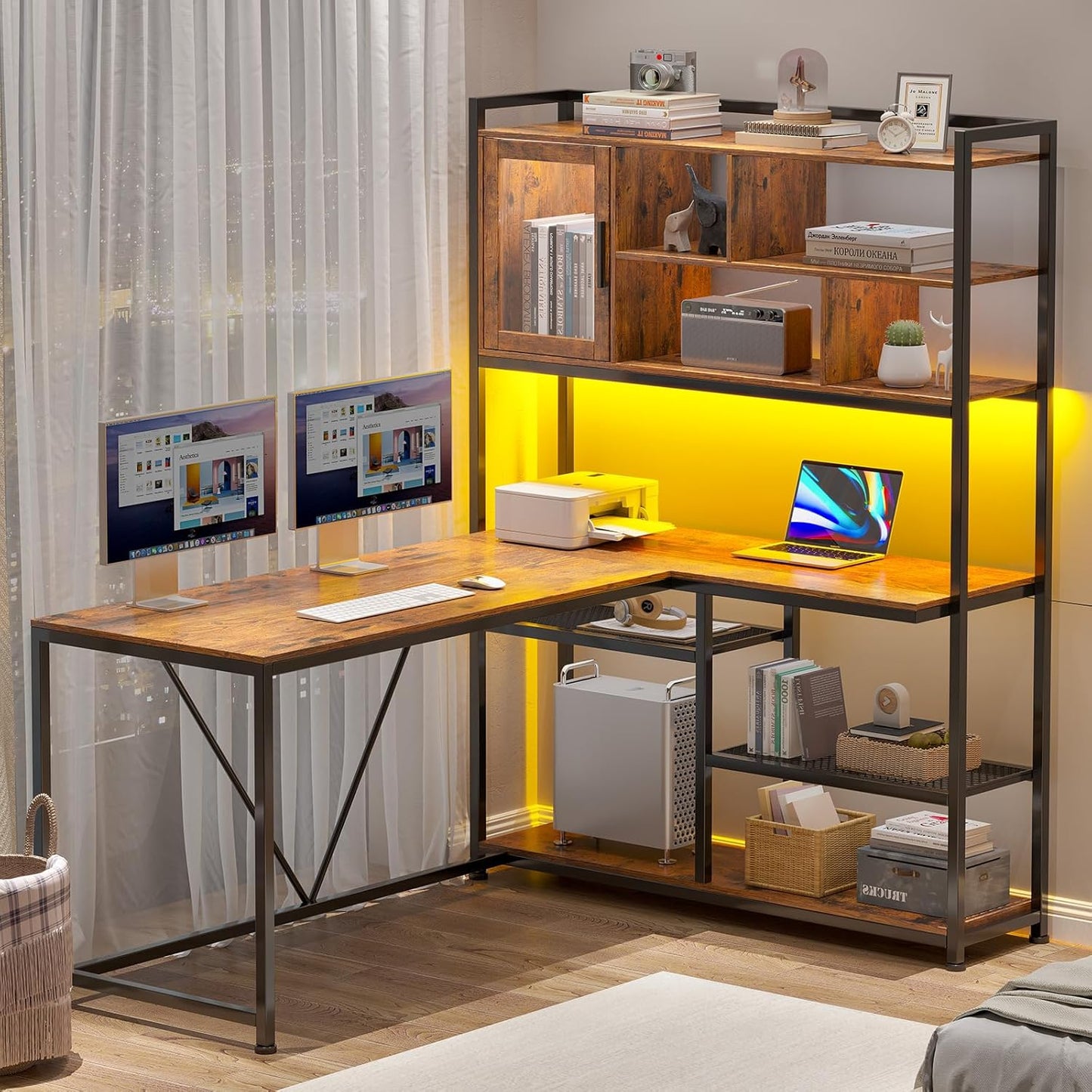58'' L-Shaped Computer Desk with LED Light and Storage