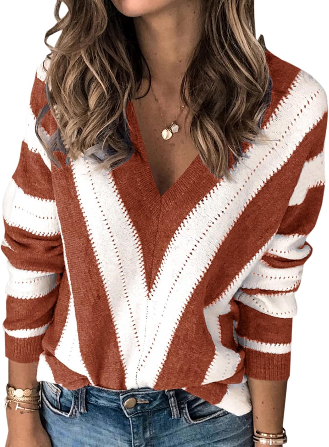 PRETTYGARDEN Long Sleeve Striped Knitted V Neck Pullover Sweater