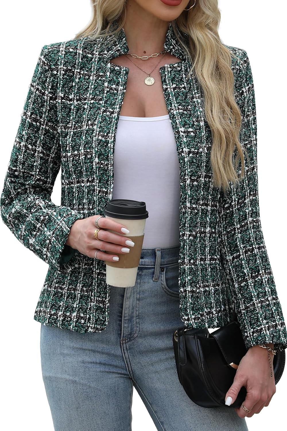 ELLEVEN Womens' Tweed Blazer Long Sleeve Jacket for Work