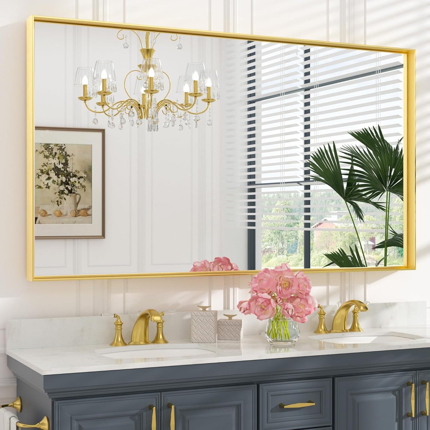Brushed Gold Metal Framed Rectangular Wall Mirror for Modern Spaces