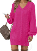 Women's Lantern Sleeve V Neck Knit Sweater Dress - Casual Fall Fit
