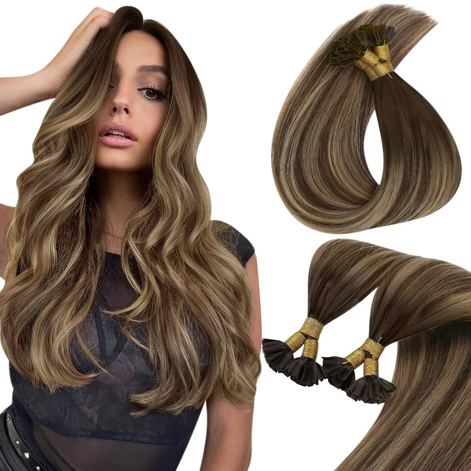 U Tip Hair Extensions Human Hair 16in Dark Brown Balayage Blonde