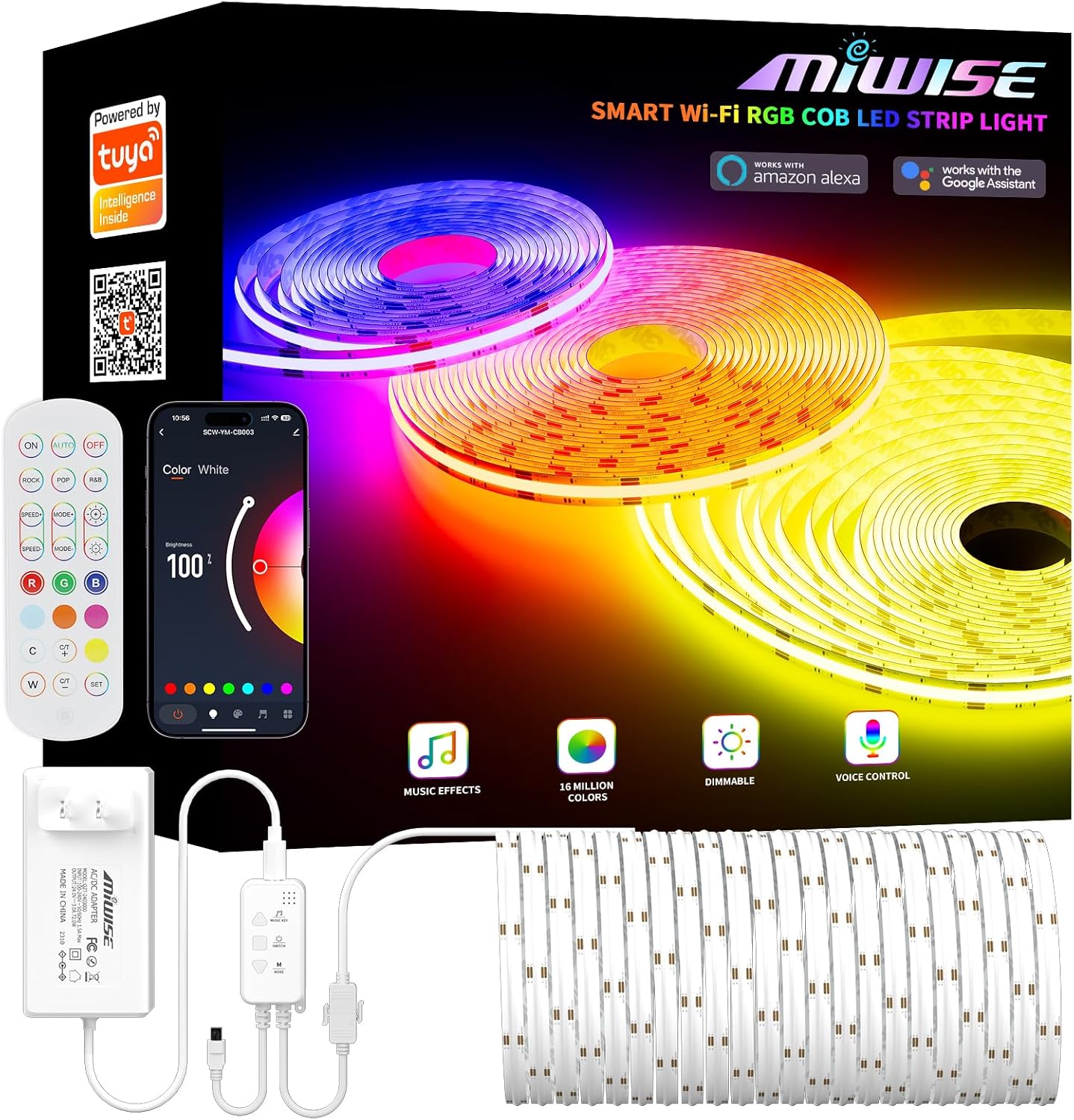 MIWISE RGB COB LED Strip Light 32.8ft for Colorful Home Decor