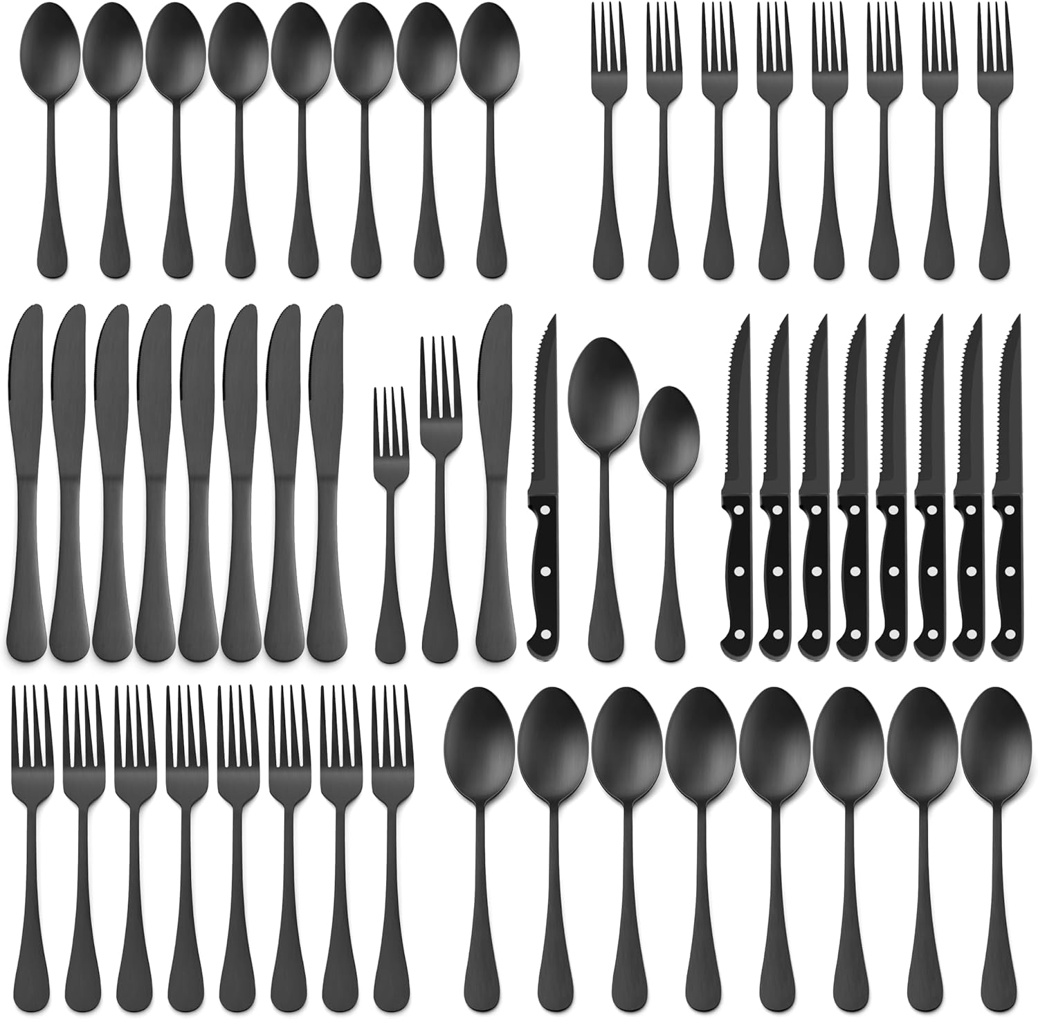 E-far 48-Piece Black Silverware Set with Steak Knives for Dining