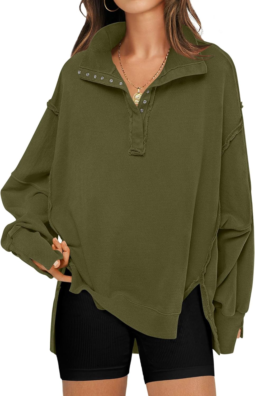 Oversized Sweatshirt for Women with Trendy Button Henley Neck