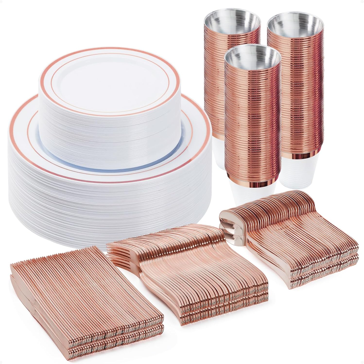300PCS Plastic Dinnerware Set for 50 Guests, Rose Gold Elegance