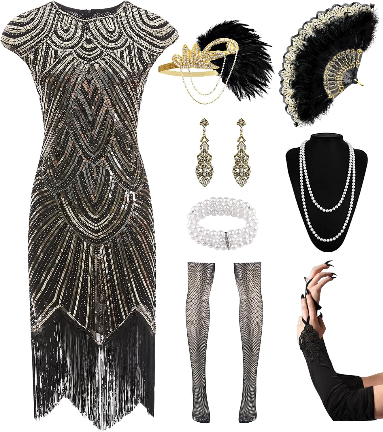 Stunning Women's Flapper Dresses with Accessories for 1920s Style