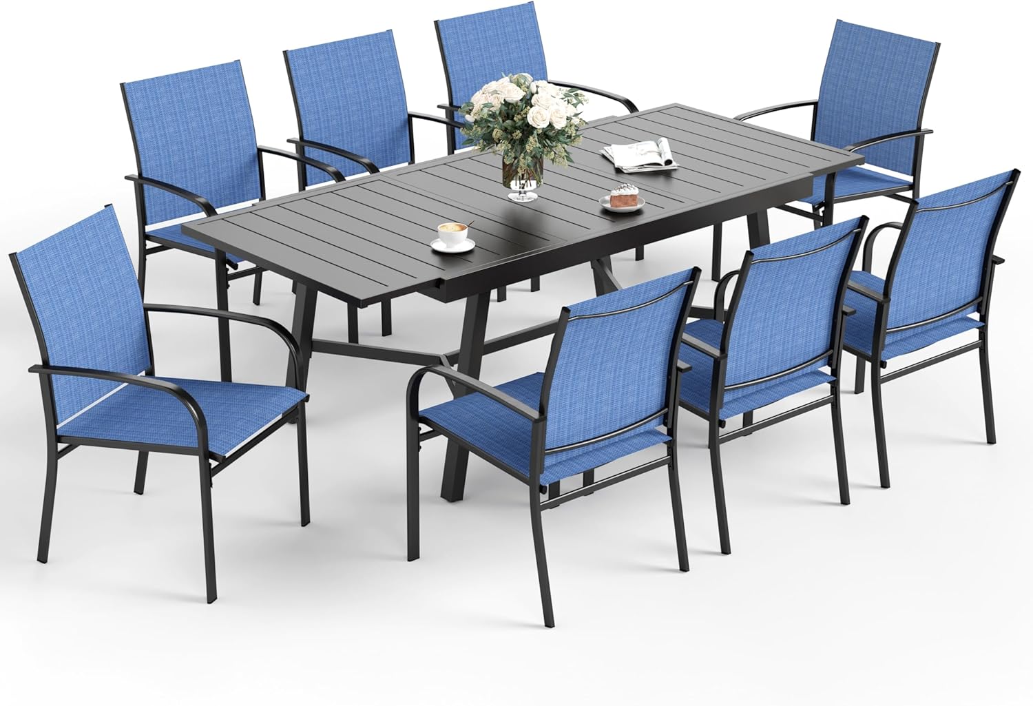 9 Piece Patio Dining Set for 8 with Extendable Table and Chairs