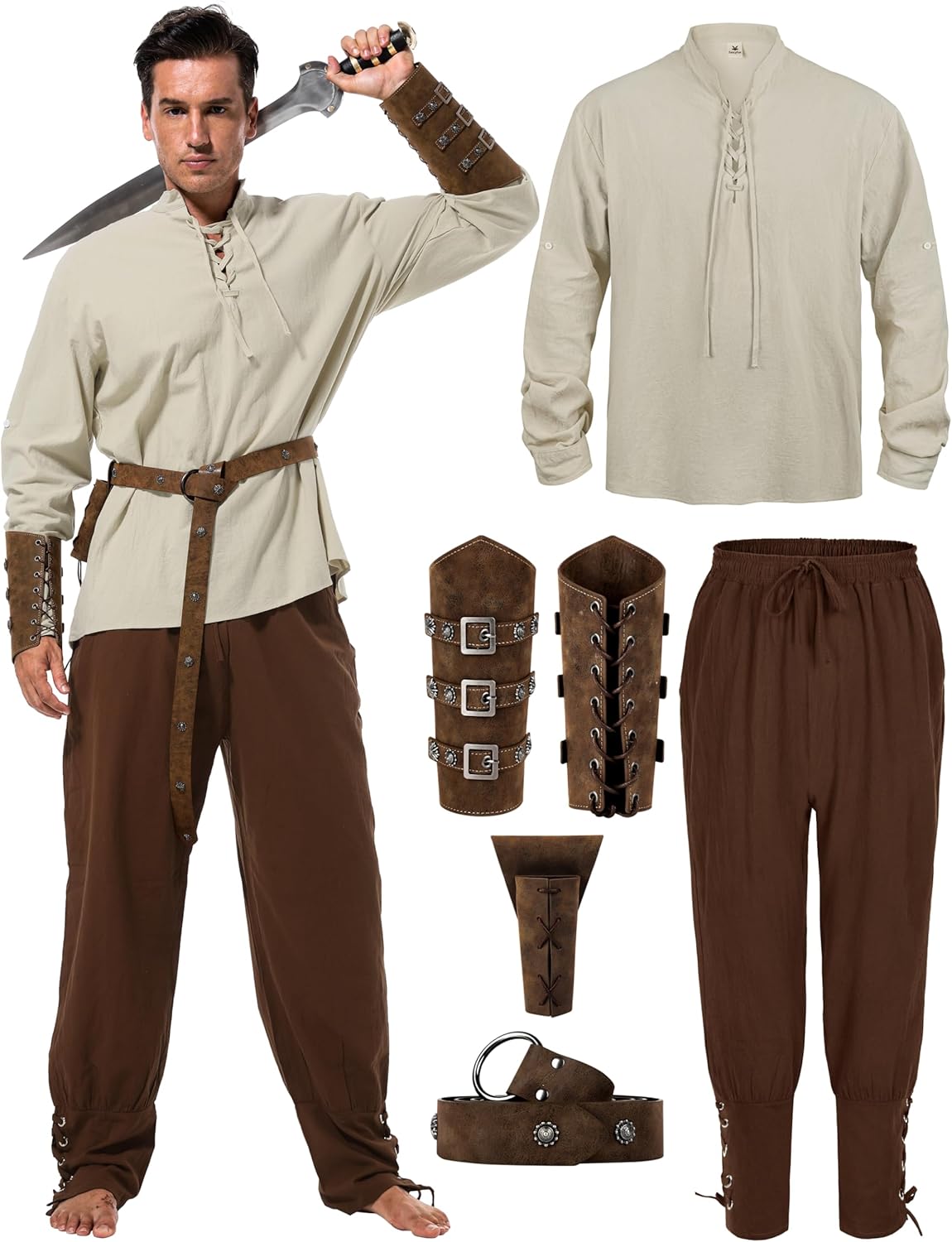 Renaissance Costume Men for Halloween, Viking Shirt and Pants