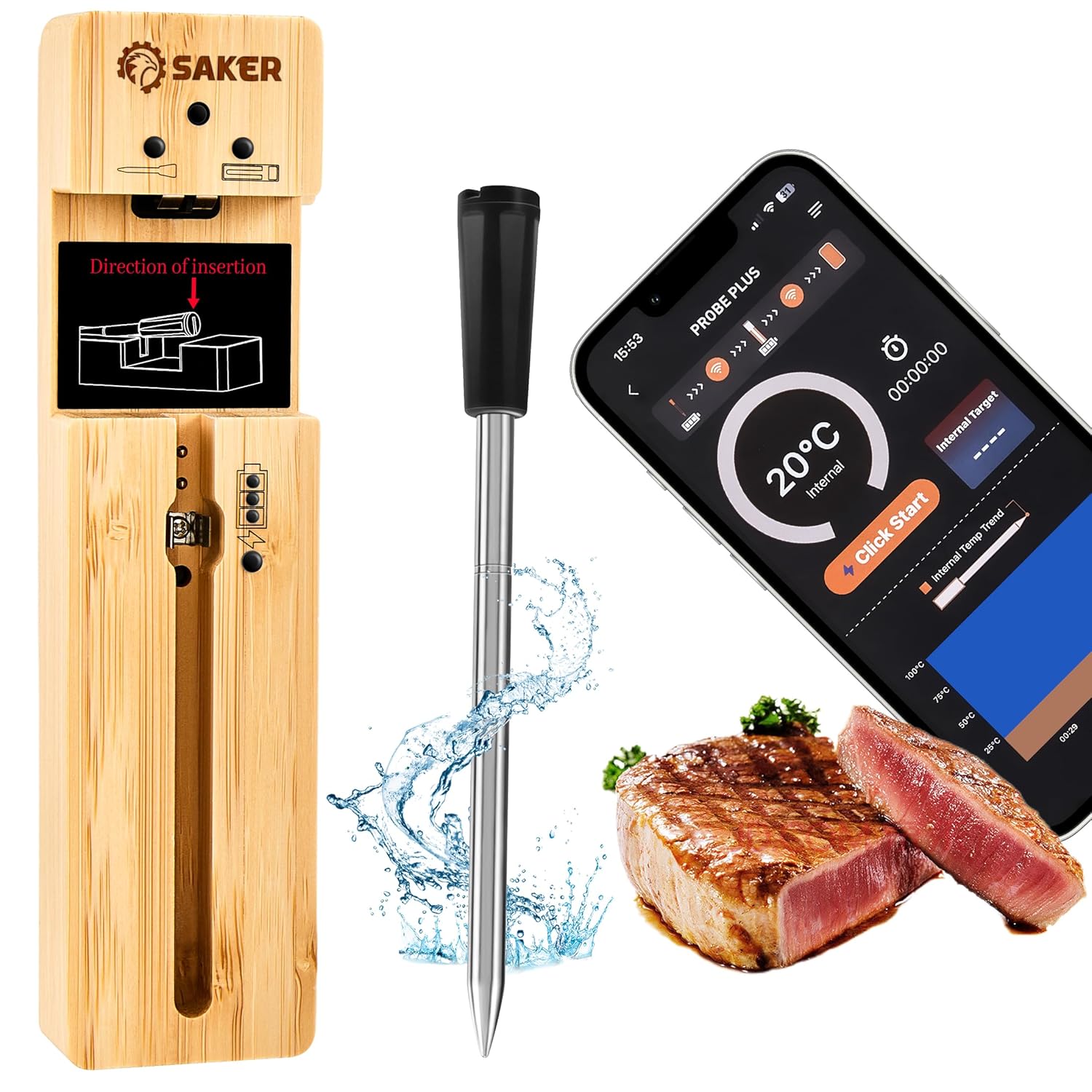 Saker Wireless Meat Thermometer | 100% Waterproof, Bluetooth | BBQ, Oven, Grill