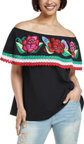 Women Embroidered Off-Shoulder Falbala Top - Boho Lace Detail