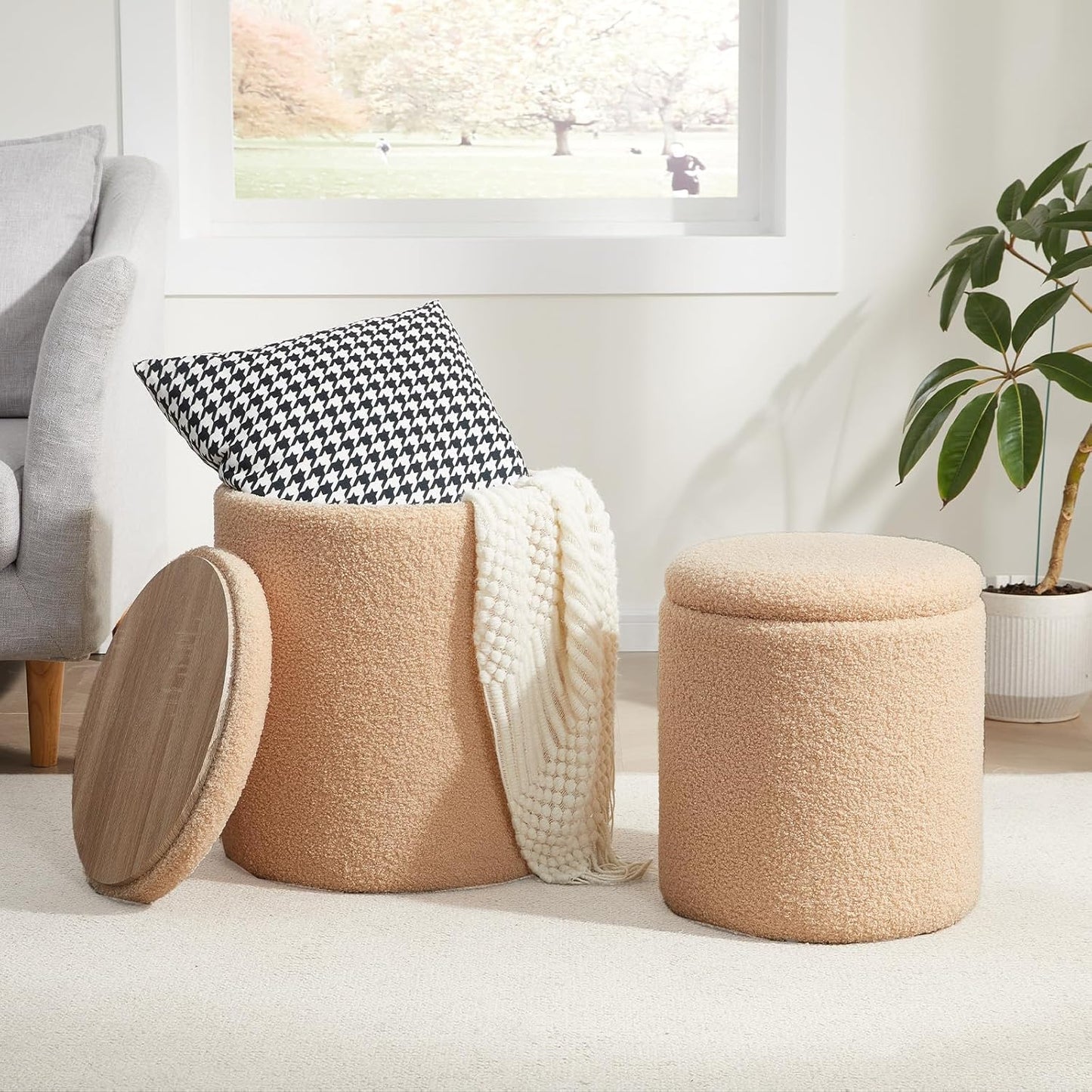 Boucle Round Ottoman with Storage Set of 2 for Living Room