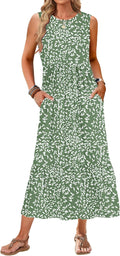 Womens Summer Maxi Dress Sleeveless Crewneck - Flowy Tiered