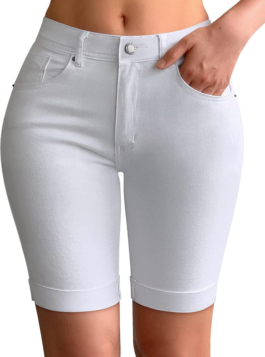 Roswear Womens Mid Rise Roll Cuff Bermuda Stretch Denim Shorts