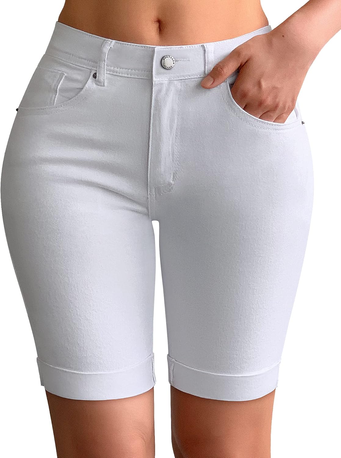 Roswear Womens Mid Rise Roll Cuff Bermuda Stretch Denim Shorts