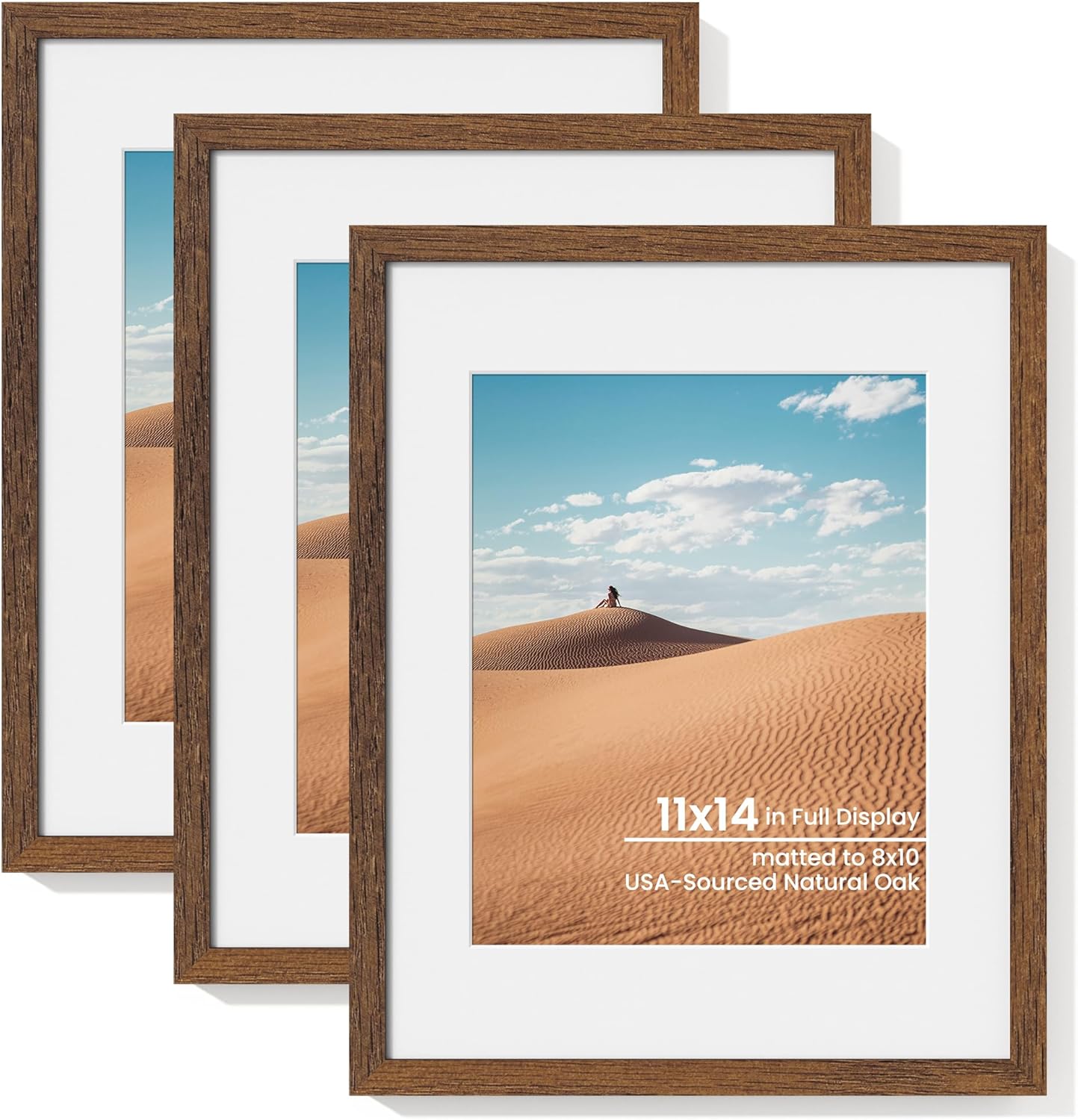 11x14 Picture Frame Set of 3 in Solid Oak Wood for Photos