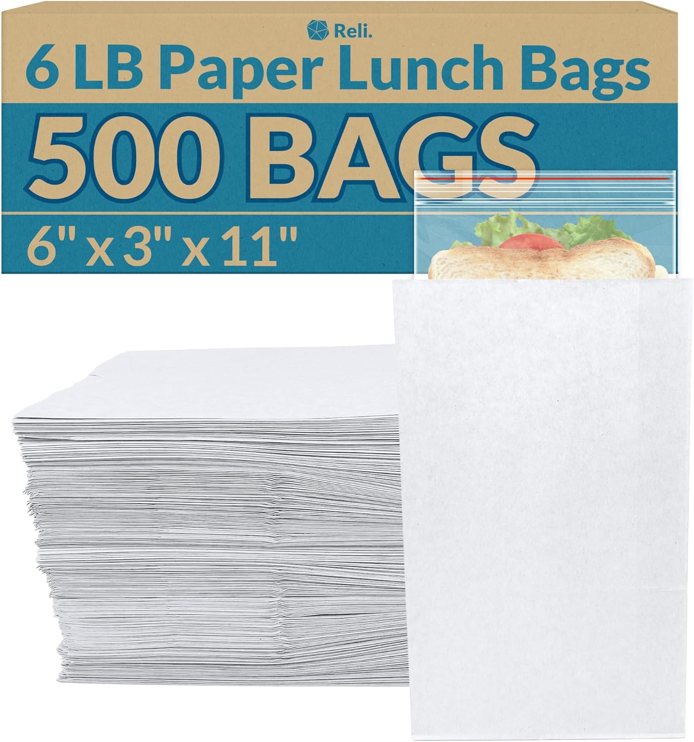 Reli. White Paper Lunch Bags for Snacks and Crafts - 500 Count