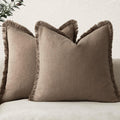 26x26 Light Brown Linen Fringe Pillow Covers Set of 2 - Cozy Boho