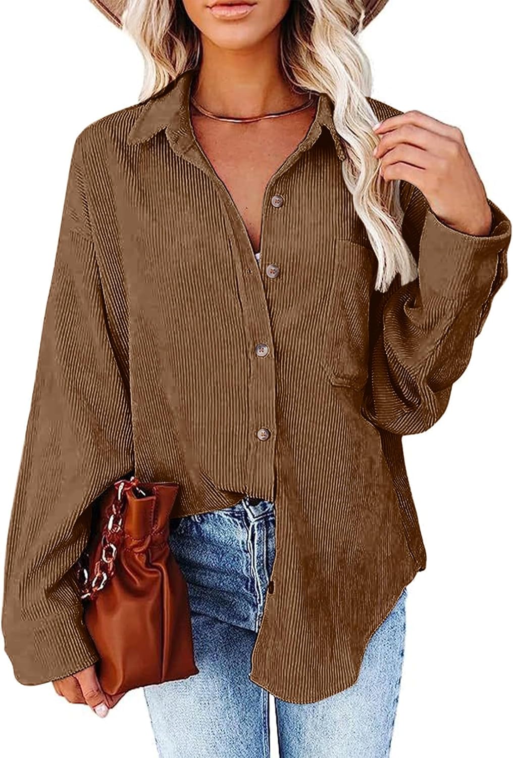 SEMARO Womens Casual Long Sleeve Button Down Corduroy Shirt