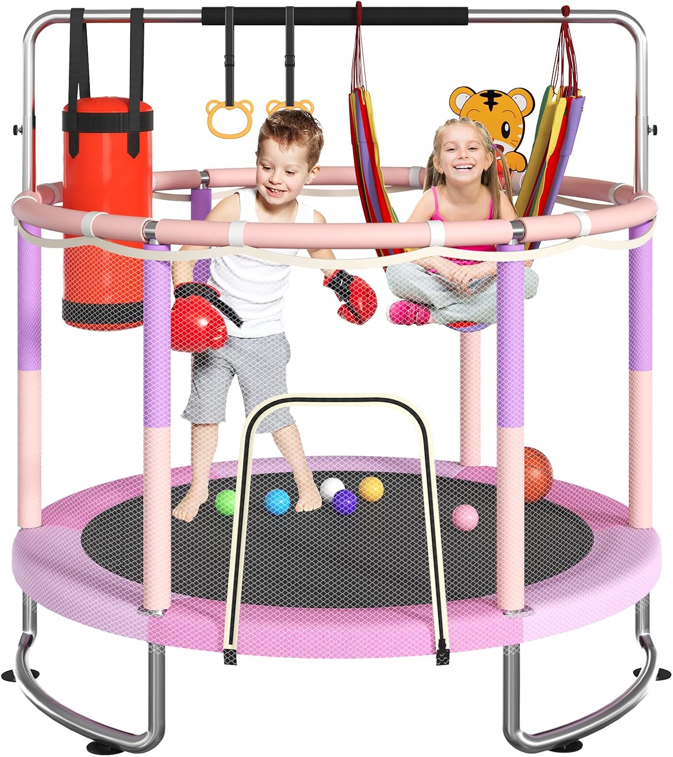 Trampoline for Kids with Adjustable Bar and Safety Net for Fun