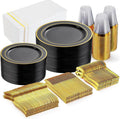 GATHER 350PCS Black Plastic Plates for Parties and Weddings