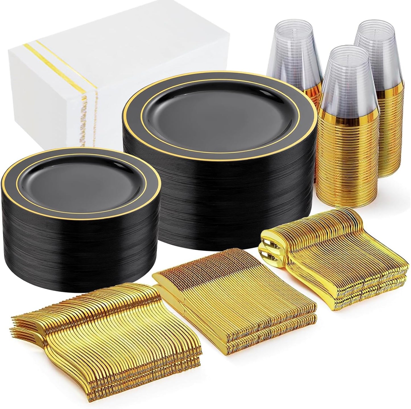 GATHER 350PCS Black Plastic Plates for Parties and Weddings