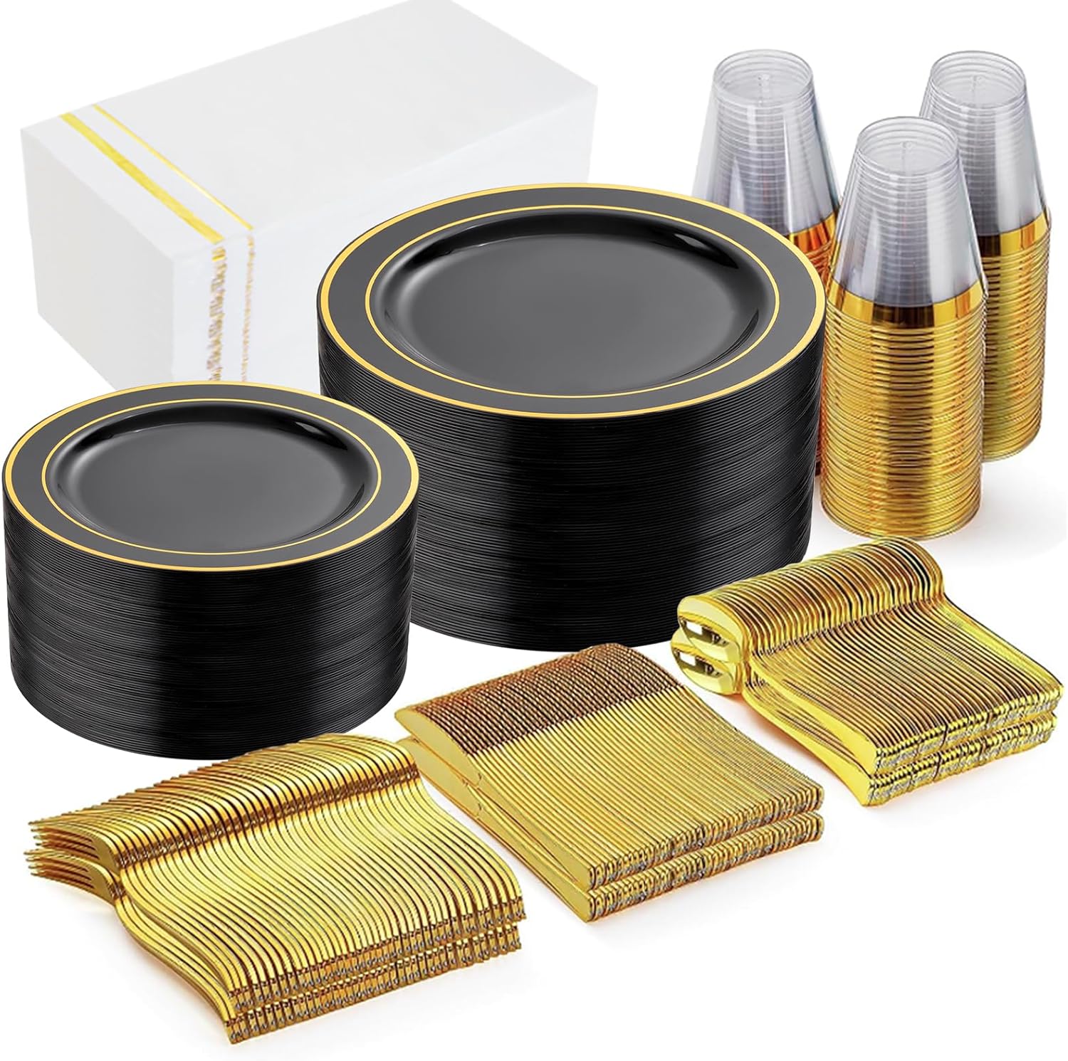 GATHER 350PCS Black Plastic Plates for Parties and Weddings