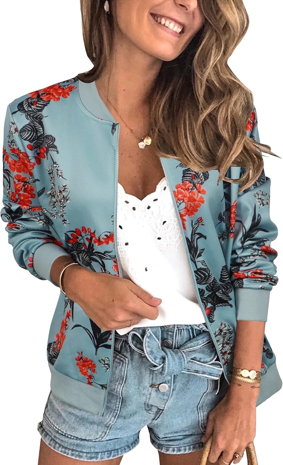 Stylish ECOWISH Women's Casual Floral Zip Up Bomber Jacket