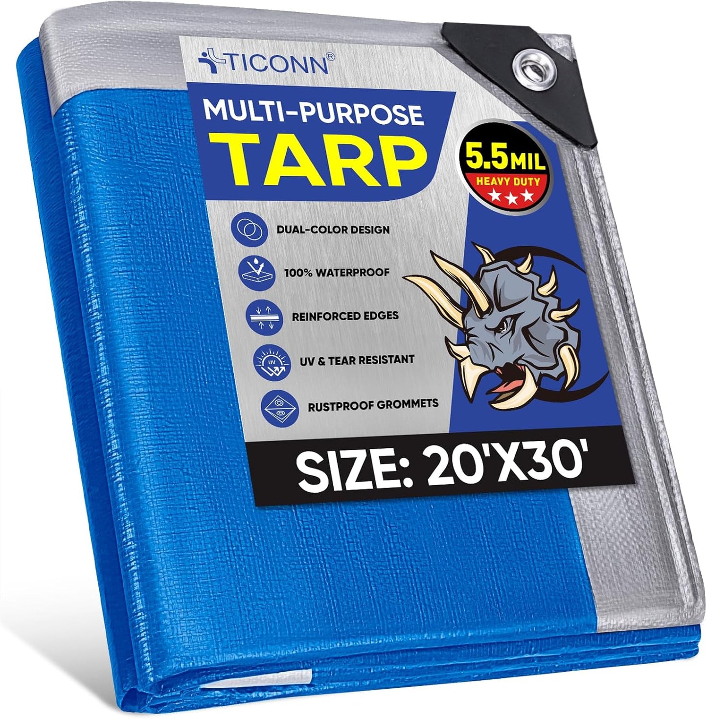 TICONN Heavy Duty Tarp Cover - Waterproof and UV Resistant