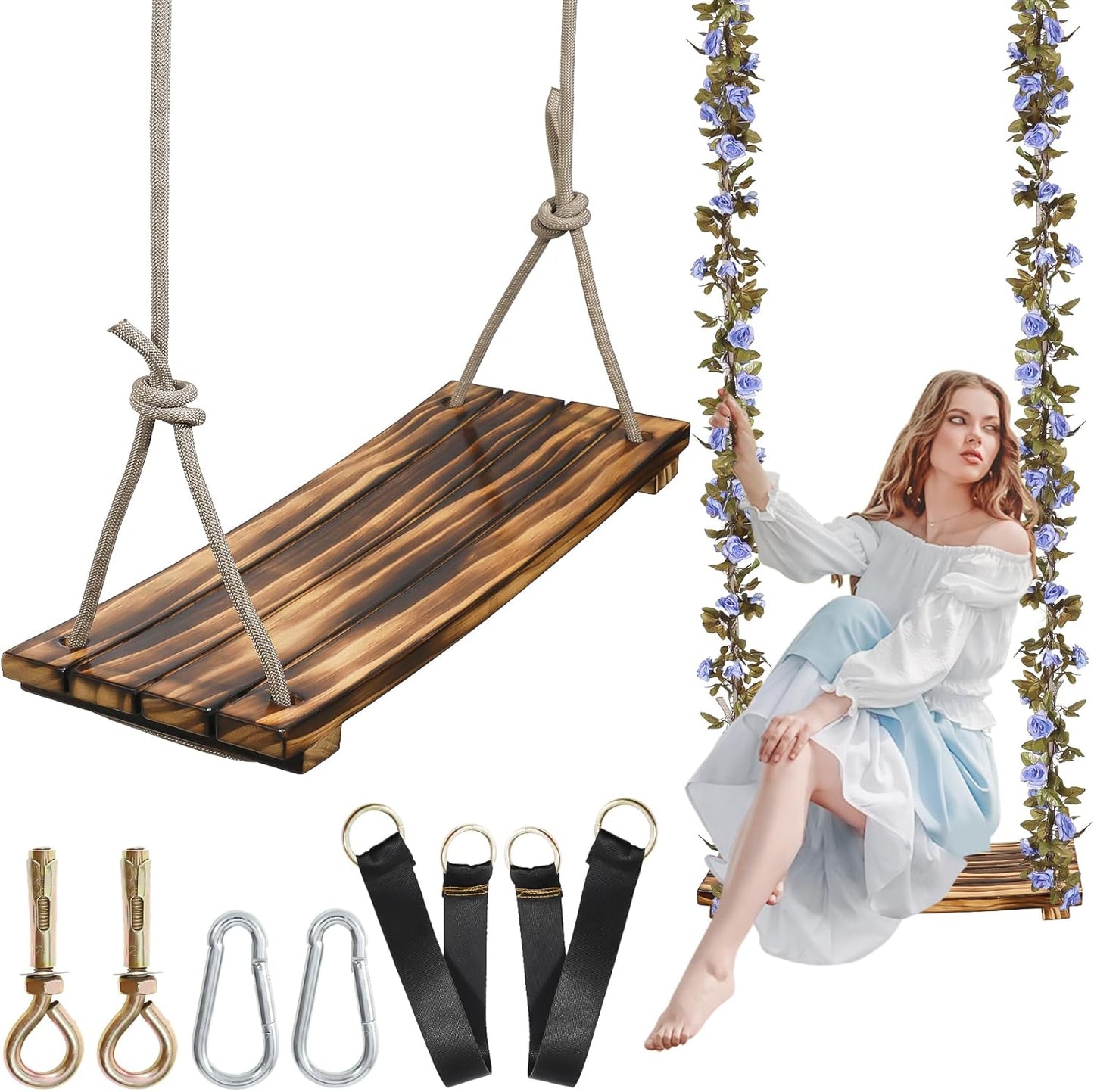 2025 Upgraded Large Wooden Swing Seat for Kids and Adults