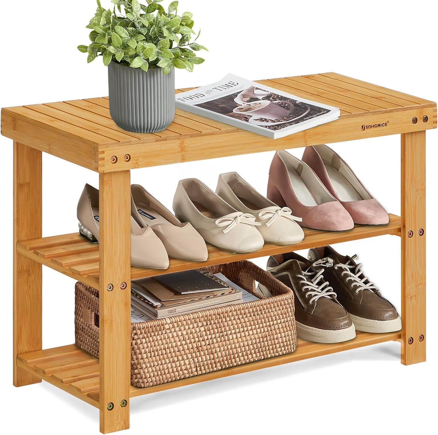SONGMICS Shoe Rack Bench - 3-Tier Bamboo Storage Organizer