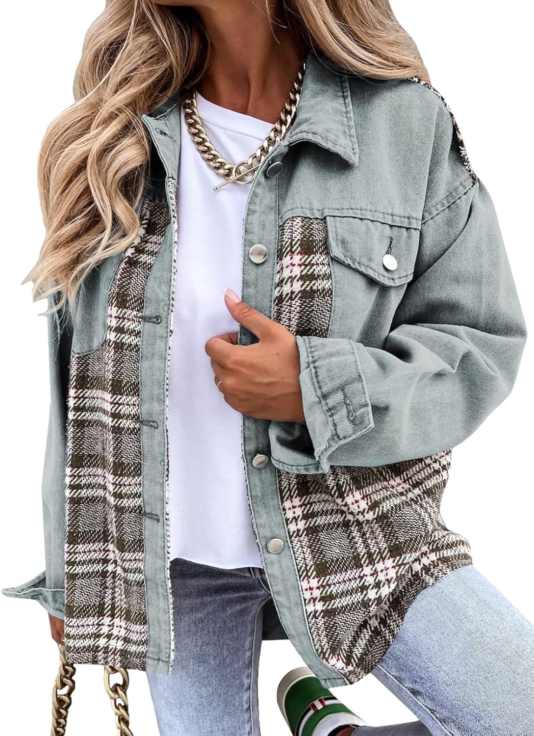 Oversized Denim Jacket for Women - Trendy Plaid Shacket Style