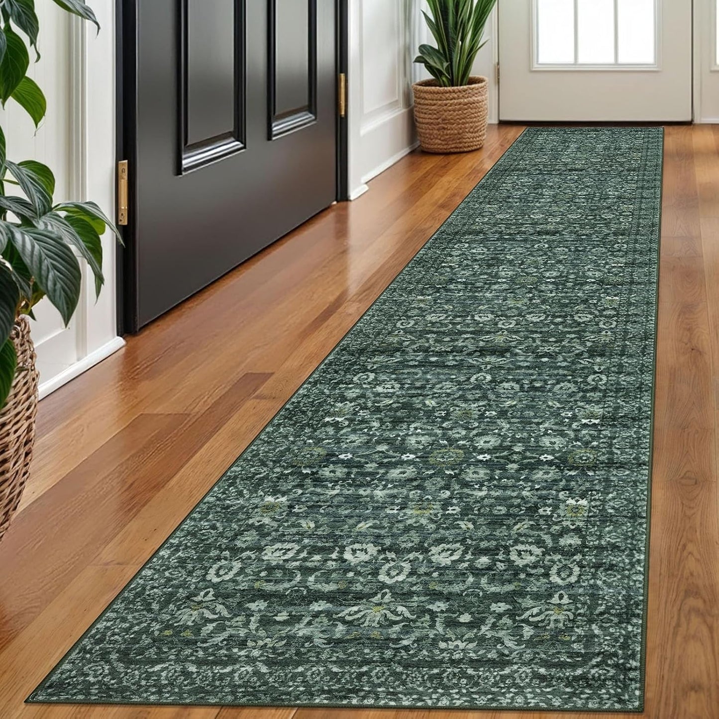 Runner Rug 2x10 Dark Green Washable Non-Slip Soft Carpet