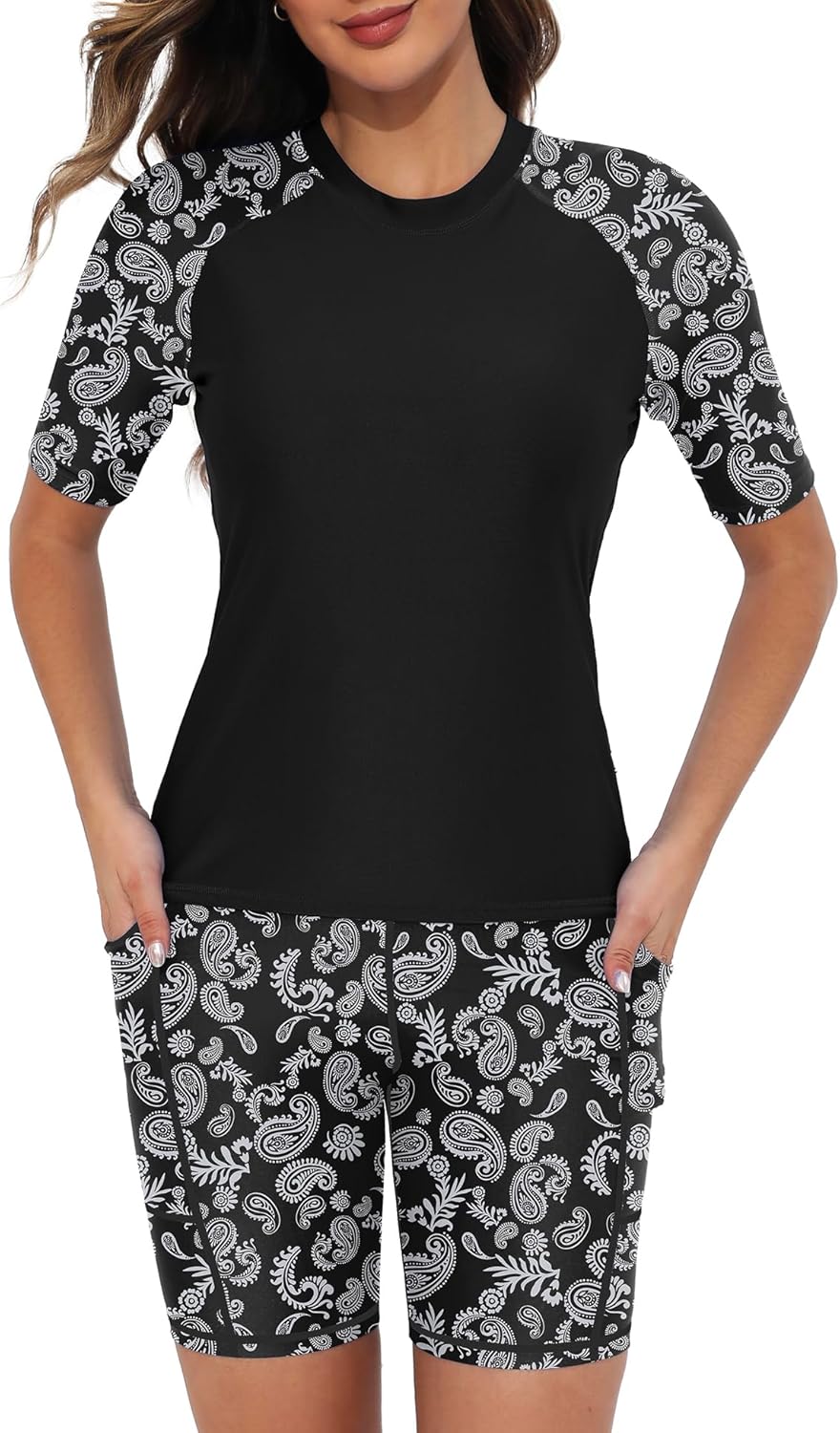 Tournesol Women's Two Piece Rash Guard Swim Set with Pockets