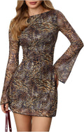 Leopard Print Backless Mesh Bell Sleeve Mini Dress - Bold Night Out