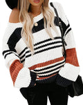 Women's Striped Color Block Crew Neck Sweater - Loose Casual Knit