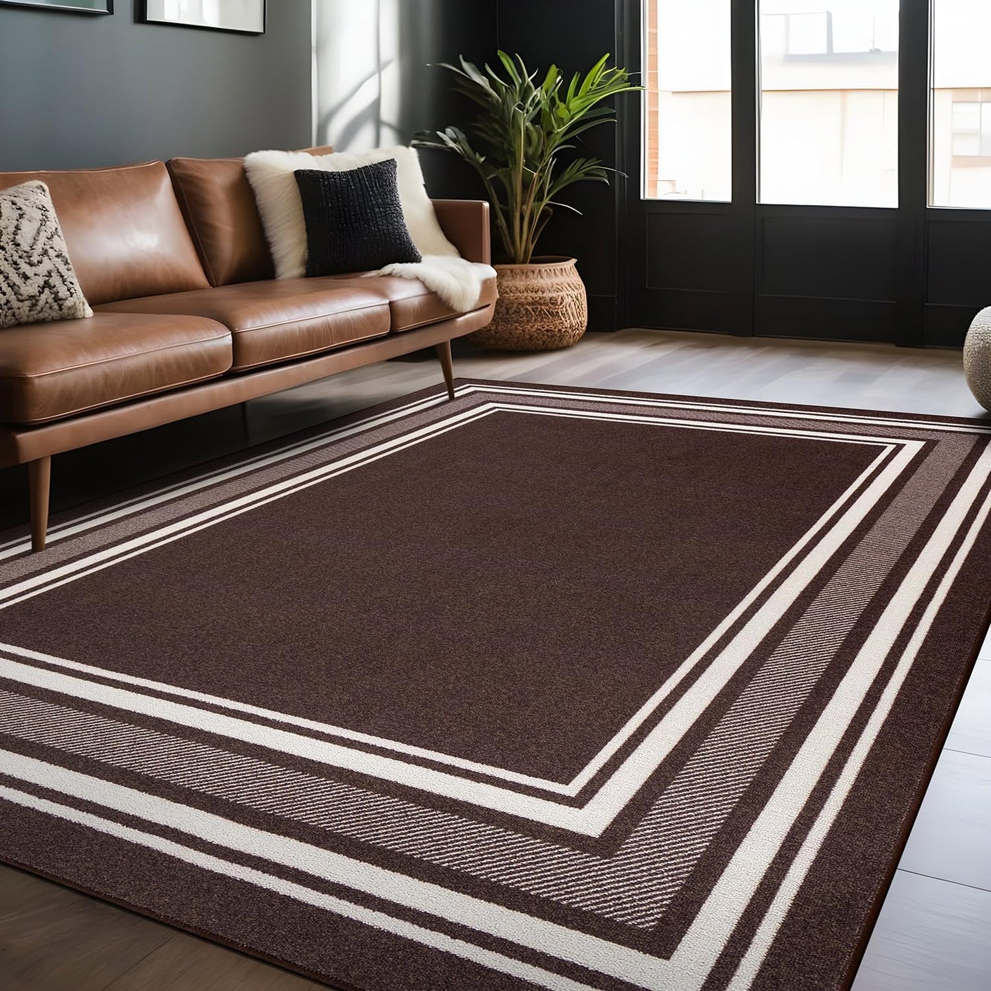 Modern Bordered Non Slip Indoor Rugs for Living Room 5x7