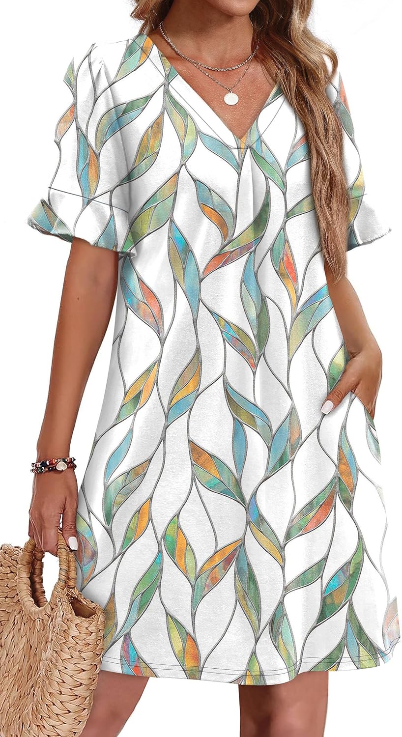 OFEEFAN Summer Dresses for Women with Ruffle Short Sleeves