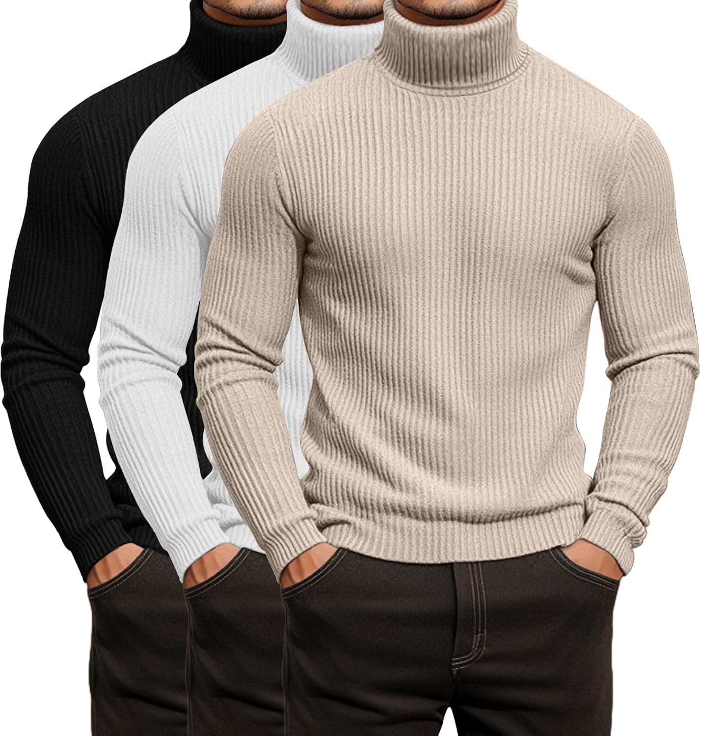 Men's Ribbed Turtleneck Shirts - Lightweight Long Sleeve Sweaters