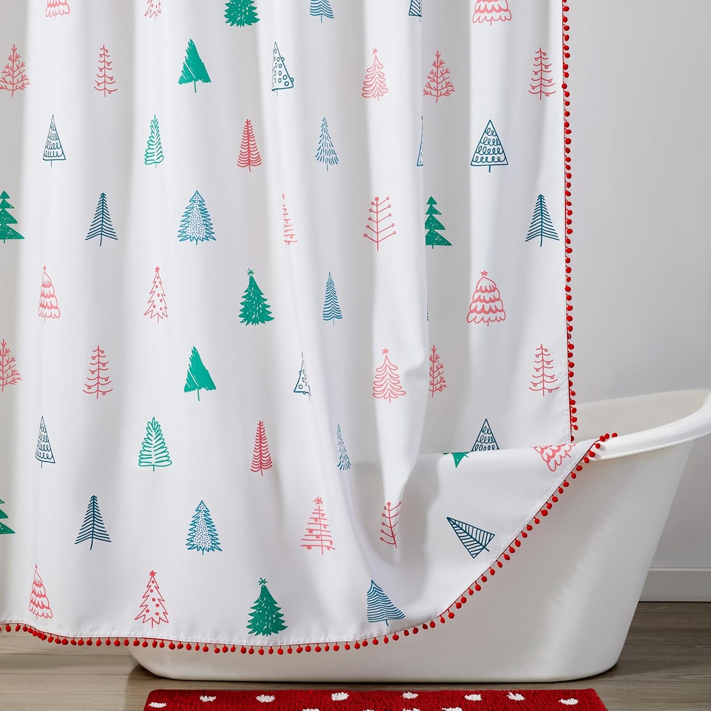Boho Christmas Shower Curtain Set - Festive Pompom Decor