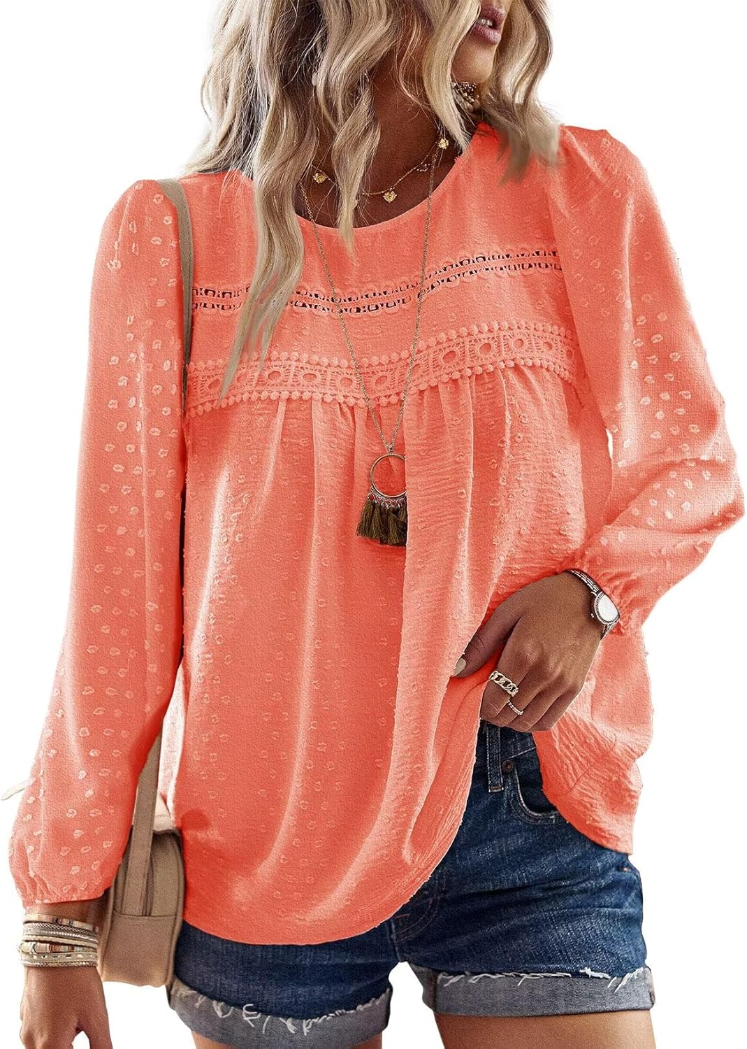 Womens Fall Tops Crewneck Long Sleeve Casual Chiffon Blouses
